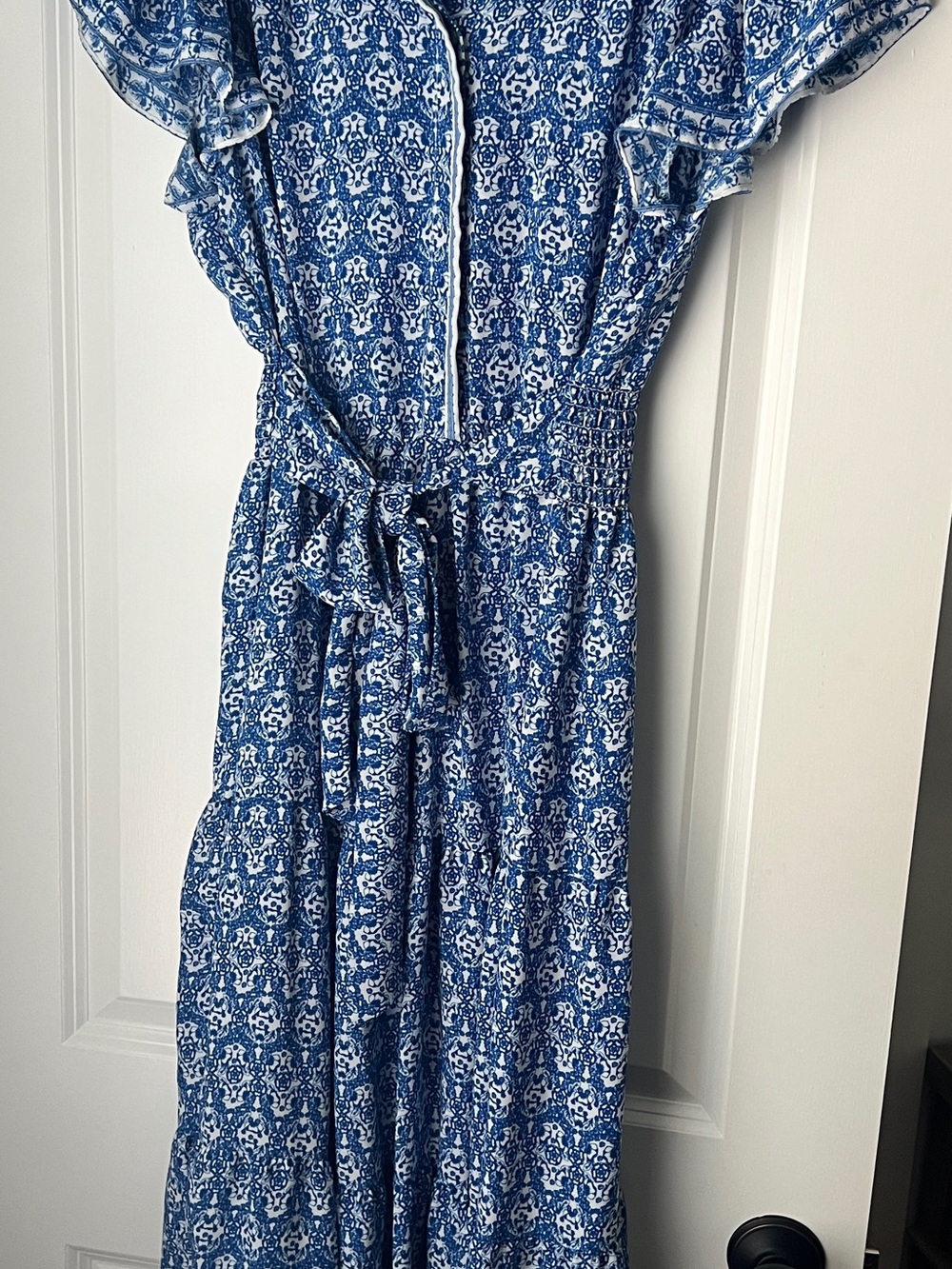 Max Studio Blue and White Printed Tie-Waist Maxi Dress